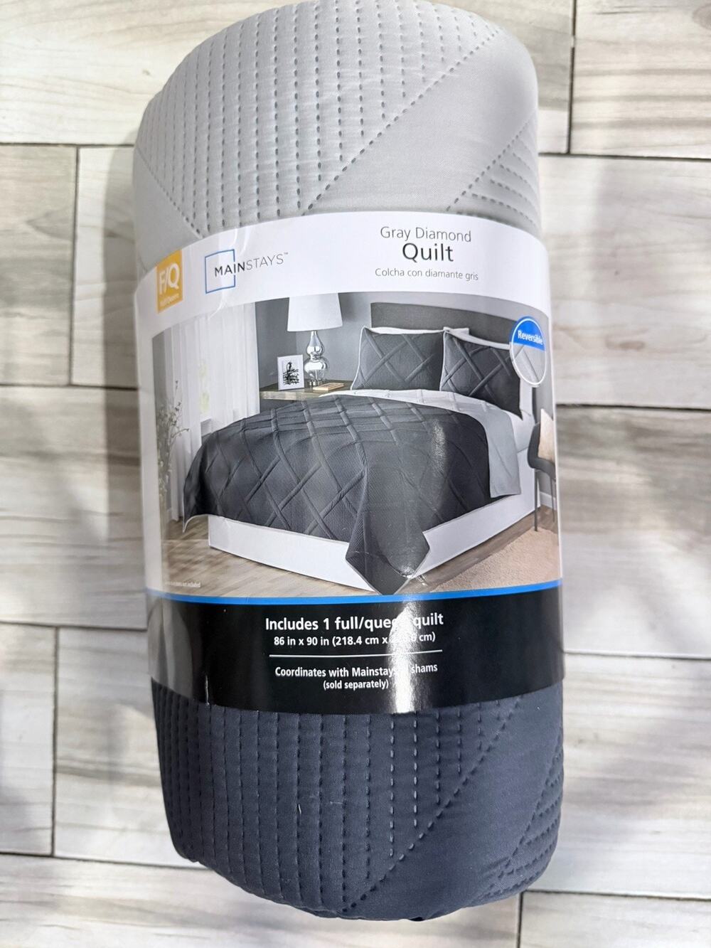 Mainstay Reversible Quilt Set Queen/Full Diamond Pattern, Light Gray/Dark Gray N